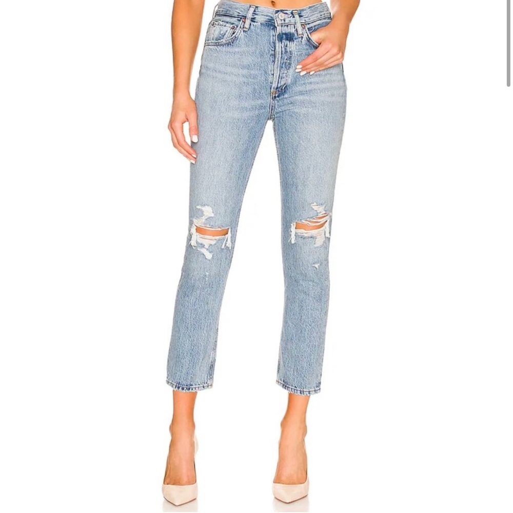 Agolde Light Blue Distressed Riley High-Rise Straight Crop Jeans